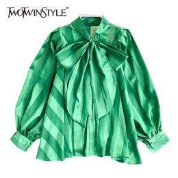 Chiffon Striped Lace Up Bowknot Shirt For Women V Neck Puff Sleeve Oversized Casual Blouse Female Autumn 210524