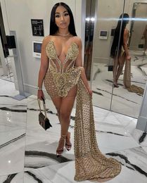 Aso Ebi Style High Low Beaded Sequined Short Prom Dress African Women See Through Gold Sexy Tail Evening Dresses 322 Es Es