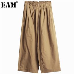 [EAM] High Elastic Waist Khaki Black Long Wide Leg Trousers New Loose Fit Pants Women Fashion Tide Spring Autumn 2021 1DD9496 Q0801