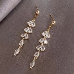 Minimalism Teardrop Leaf Zircon Long Dangle Earrings for Women 2021 Wedding Engagement Jewelry Bridal Drop Earrings Statement