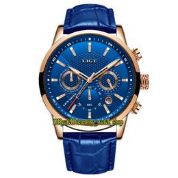 LIGE eternity LG9866 Sport Mens Watches Date Blue Dial Japan VK Quartz Chronograph Movement Men Watch Rose Gold alloy Case Leather Strap