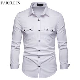 Double Pocket White Men Shirt Brand Slim Fit Long Sleeve Mens Drss Shirts Casual Button Down Male Social Shirt Camisas 210522