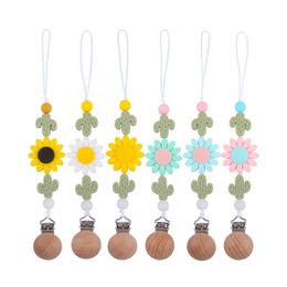 Baby Pacifier Holders Cactus sunflower Chain Wood Dummy Clips Nipple Teether Chains Infant Feeding M3724