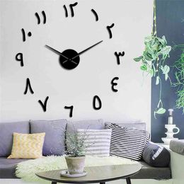 Retro Arabic Numerals DIY Large Wall Clock Arabic Numbers Acrylic Mirror Surface Stickers Frameless Giant Wall Watch Home Decor 210325