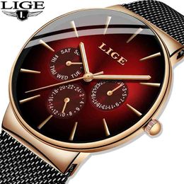 LIGE New Fashion Mens Watches Top Brand Luxury Quartz Watch Men Mesh Steel Waterproof Ultra-thin Wristwatch For Men Sport Clock 210329