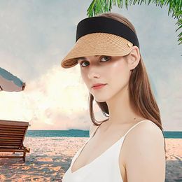 Wide Brim Hats Giolshon Summer Empty Top Suncap Foldable Portable Roll-Up Beach Hat Women Sun Fashion Casual Straw Cap Visors