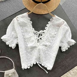 Women Fashion Ins Sexy V-neck Short-sleeved Lace Cross-tie High-waisted Short Tops Blusas Para Mujer Blouse Shirts R725 210527