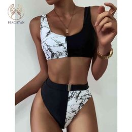 Peachtan Marble print bikinis 2020 mujer Sexy patchwork swimsuit women High waist swimwear female Sport bathing suit Biquini New X0522