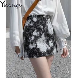 Vintage Abstract Ink Painting Short Skirt Female High Waist A-Line Bag Hip Mini Skirt Women Gothic Summer Korean Style 210619