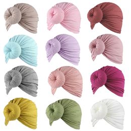 Newborn Baby Infant Bow Knot Turban Hats Solid Colours Donut Head Wraps Soft Cotton Handmade Headband Beanie Caps Wide Hair Band Hairbands Skull Headdress G679FCD