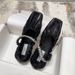 New style womens shoes with rhinestone belt fold square toe grandma leather shallow mouth soft flat ballerina Mary Jane solid Colour Factory