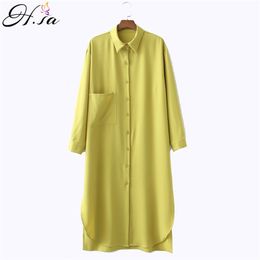 Women Shirt Dress Long Vestidos Turn Down Collar Button Up Sleeve Chiffon Big Dresses Spring Summer Robe 210430