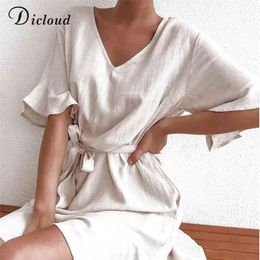DICLOUD Casual Solid Cotton Linen Dresses Women Summer Short Sleeve V Neck Mini Party Dress Ladies A-line Summer Outfit 210323