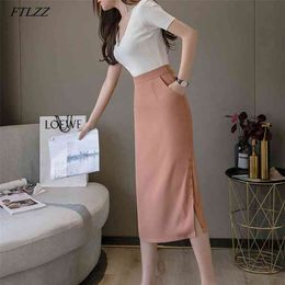 High Waist Women Long Pencil Skirts Summer Ladies OL Black Skirt Female Single Breasted Split Pink 210430