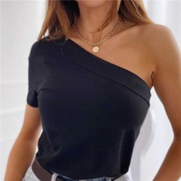 Sexy Women Summer T-Shirts One Shoulder Design Clothes Ladies Solid Colour Trendy Short Sleeve Slim Pullovers Top For Streetwear Y0629