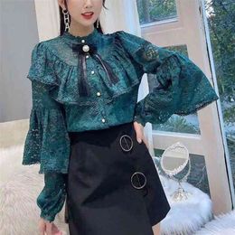 Femininas Ruffle Lace New Spring Blouse Shirts Women Tops Long Sleeve Bow Vintage shirt Women's Elegant harajuku Shirt 559B 210323