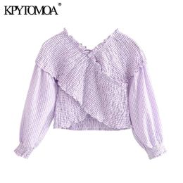 KPYTOMOA Women Sweet Fashion Smocked Elastic Asymmetric Cropped Blouses Vintage V Neck Long Sleeve Female Shirts Chic Tops 210317