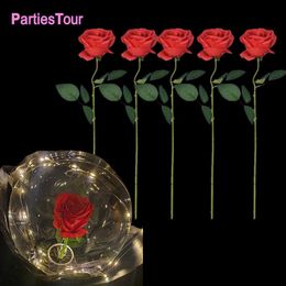 5pcs/set 50cm Artificial Rose Flowers Fake Roses Silk Flowers Plastic Long Stem Silk Roses for LED Luminous Balloon Rose Bouquet 210624