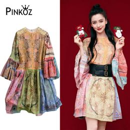 celebrity style flower printed flare long sleeve cotton mini dresses for women summer spring runwa designer robe vestidos 210421