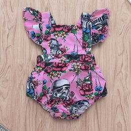 2021 Baby Girls Clothes Fashion Children Rompers Robot Helmet Flower Print Flying Sleeve Square Collar Ha Suit Children's Jumpsuits Kids Clothings