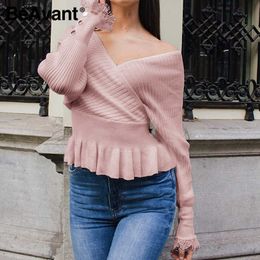BeAvant women's V-neck pure Pink Long Sleeve knitted sweater Casual solid sweater cardigan Elegant autumn ladies sweater tops 20 210709