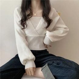 Autumn Women Sweaters Casual Puff Long Sleeve Short Jumper Sexy Cross V Neck Fake Two Pieces Sweater Korean Slim Bottom Knitwear 211014