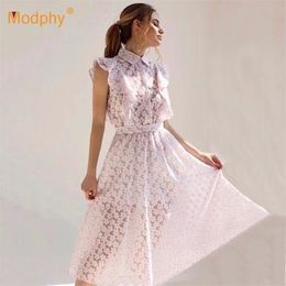 Elegant Fashion White Print Dress Women Sleeveless Ruffled A-Line Female Casual Party Vacation Clothing Summer 210527