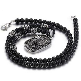 lion steel Canada - Pendant Necklaces 71cm * 8mm Black Glass Bead Link Chain 316L Stainless Steel Lion Necklace W  Rhinestones Mens Jewelry