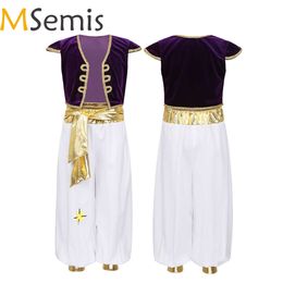 MSemis Kids Boys Fancy Arabian Prince Costumes Cap Sleeves Waistcoat with Pants for Halloween Cosplay Fairy Parties Dress Up Q0910