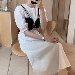 Summer Short Sleeves Elegance Solid Chic O-Neck Brief Gentle Girls OL All Match Long Dresses Vestidos 210525