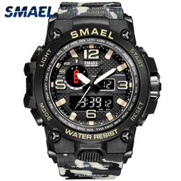 SMAEL Watches For Men 50M Waterproof Clock Alarm reloj hombre 1545D Dual Display Wristwatch Quartz Military Watch Sport New 210329