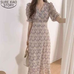 Summer Korean Style Elegant dress vintage Floral Print High Waist V-neck Short Sleeve Fashion Casual Ankle-length Dresses 210325