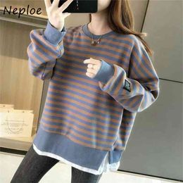 Striped Patchwork Fake Two Pieces Hoody Autumn Fashion Hoodies Women O-neck Loose Casual Long Sleeve Sweatshirts 210422