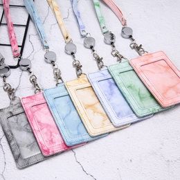 Fashion Leather Badge Holder Business Card Case for Women Marble Style Luxury ID Card Holders with Retractable Lanyard