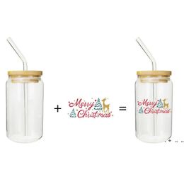 12oz Sublimation Clear Glass Can Blank DIY Wine Tumbler Frosted Coke Jar With Bamboo Lid Outdoor Picnic Coffee Milk Cup SEAWAY CCF13855