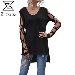 Women T Shirt V Neck Long Sleeve Female ee Hollow Out Sexy shirts Loose Ladies -shirt Fashion s ops 210513