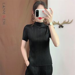 LANMREM Black Stand-up Collar Short-sleeved Pleated Loose Plus Woman T-shirt Casual Simple Fashion autumn New TV737 210324