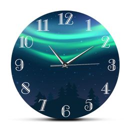 -Relojes de pared Naturaleza Paisaje Aurora Borealis Artwork Reloj Green Northern Light Non Ticking Movimiento silencioso Reloj para sala de estar