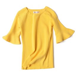 Summer Arrival O Neck Knitted T-shirt Flare Sleeve Ice Silky Women Tees 6 Colours Available Korean Style White Top 210527