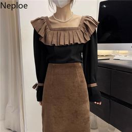 Women's Sweaters Neploe Korean Fashion For Women Square Collar Puff Sleeve Knitted Pullvers Pull Femme Heavy Ruffles Bow Vintage Jumper
