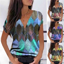 Spring and Summer Fashion Office Lady Plus Size Women's Geometric Print V-Neck Short-Sleeved Casual Pullover T-Shirt 210623