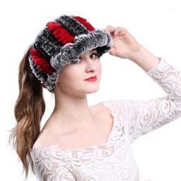 Winter Fashion Knit Real Fur Hats Women Warm Skullies Beanie Ski Snow Cycling Caps & Masks