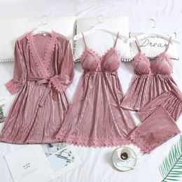 Nightwear 4 Pieces Pyjamas Sets For Women Gold Velvet Warm Winter Pyjama Femme V-Neck Sexy Sleepwear Sleeveless Homewear Q0706