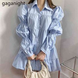 Women Shirts Dress Solid White Black Blue Pleated Long Sleeve Mini O Neck Loose Ladies es 210601