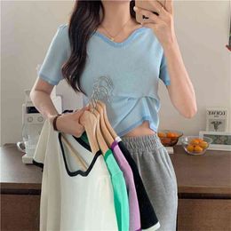 Square neck knitted top summer short-sleeved T-shirt women Korean version of the bottoming shirt short women's clothing 210520