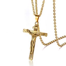 Pendant Necklaces Gold Silver Colour 316L Stainless Steel INRI Jesus Cross Crucifix For Men Fashion Jewellery Father Gift