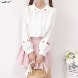 Wohreb Japanese Kawaii Long Sleeve White Blouses 2021 Summer Sweet Strawberry Embroidery Shirt Elegant Ruffle Blusas 21686 210317