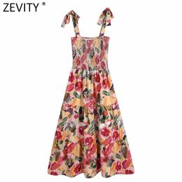 Zevity Women Fashion Graffiti Print Elastic Patchwork Sling Dress Female Casual Bow Tied Strap Vestido Chic Beach Dresses DS8344 210603