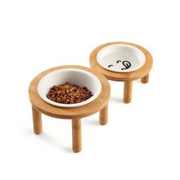 Cat Dog Bowls Stand ceramic Bowls cats Dogs drinking water food bowl standing ceramic bowls Bamboo Elevated small pet feeder Y200922