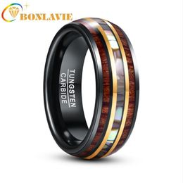 Wedding Rings BONLAVIE 8mm Black Gold Inlaid Wood Grain Abalone Shell Tungsten Carbide Men's Ring Fashion Jewelry